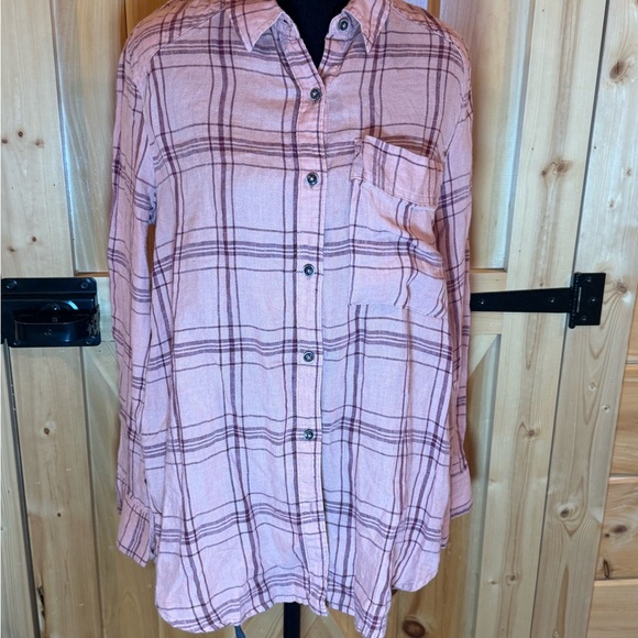 Free People No Limits Oversized Linen Plaid Button Down Shirt Salmon Peach XS - Picture 2 of 11